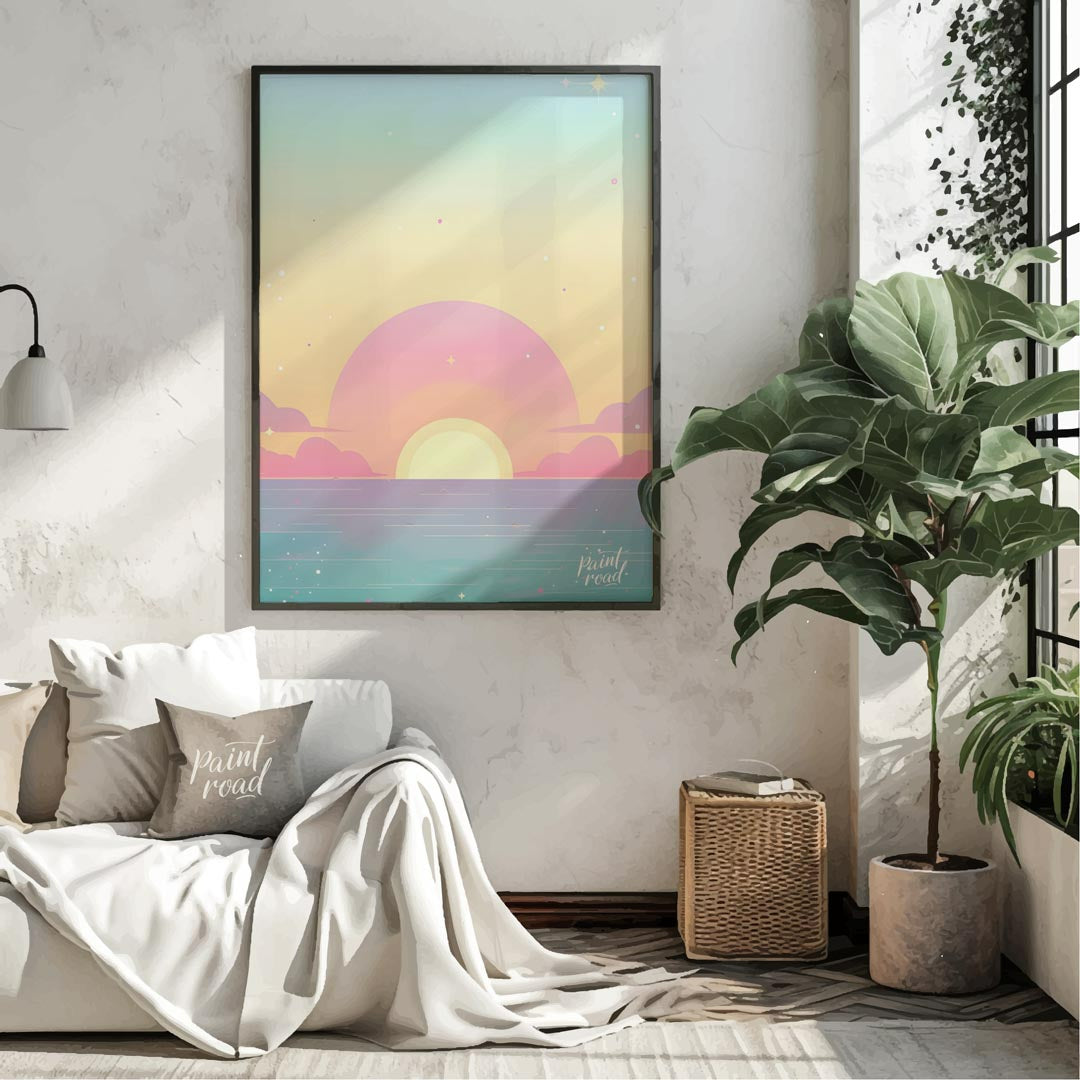 This enchanting art print effortlessly captures the serene beauty of a sunset over a calm expanse o… for living room