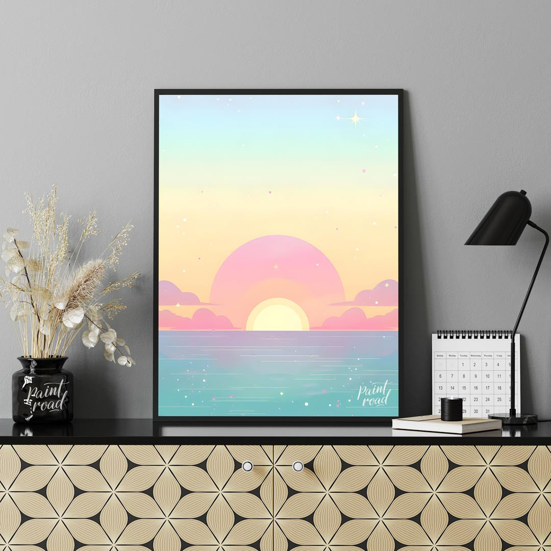 This enchanting art print effortlessly captures the serene beauty of a sunset over a calm expanse o… for office