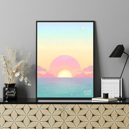 This enchanting art print effortlessly captures the serene beauty of a sunset over a calm expanse o… for office
