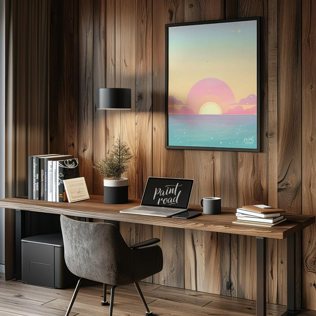 This enchanting art print effortlessly captures the serene beauty of a sunset over a calm expanse o… for office