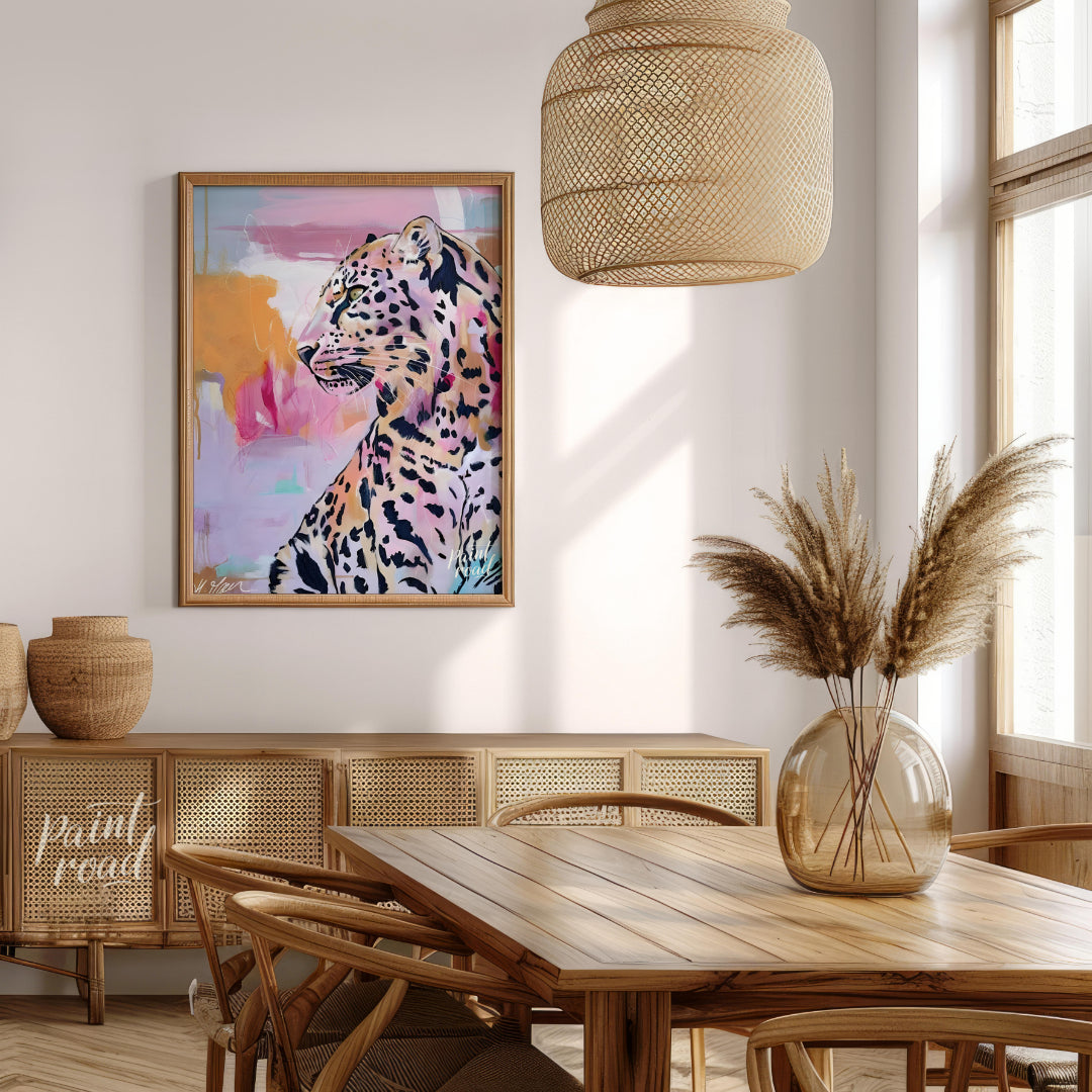 This artwork features a striking leopard portrait rendered in a blend of realism and abstract expre… for dining room