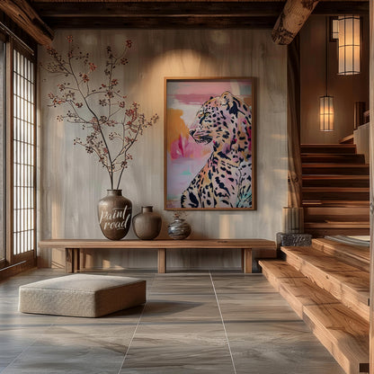 This artwork features a striking leopard portrait rendered in a blend of realism and abstract expre… for entryway