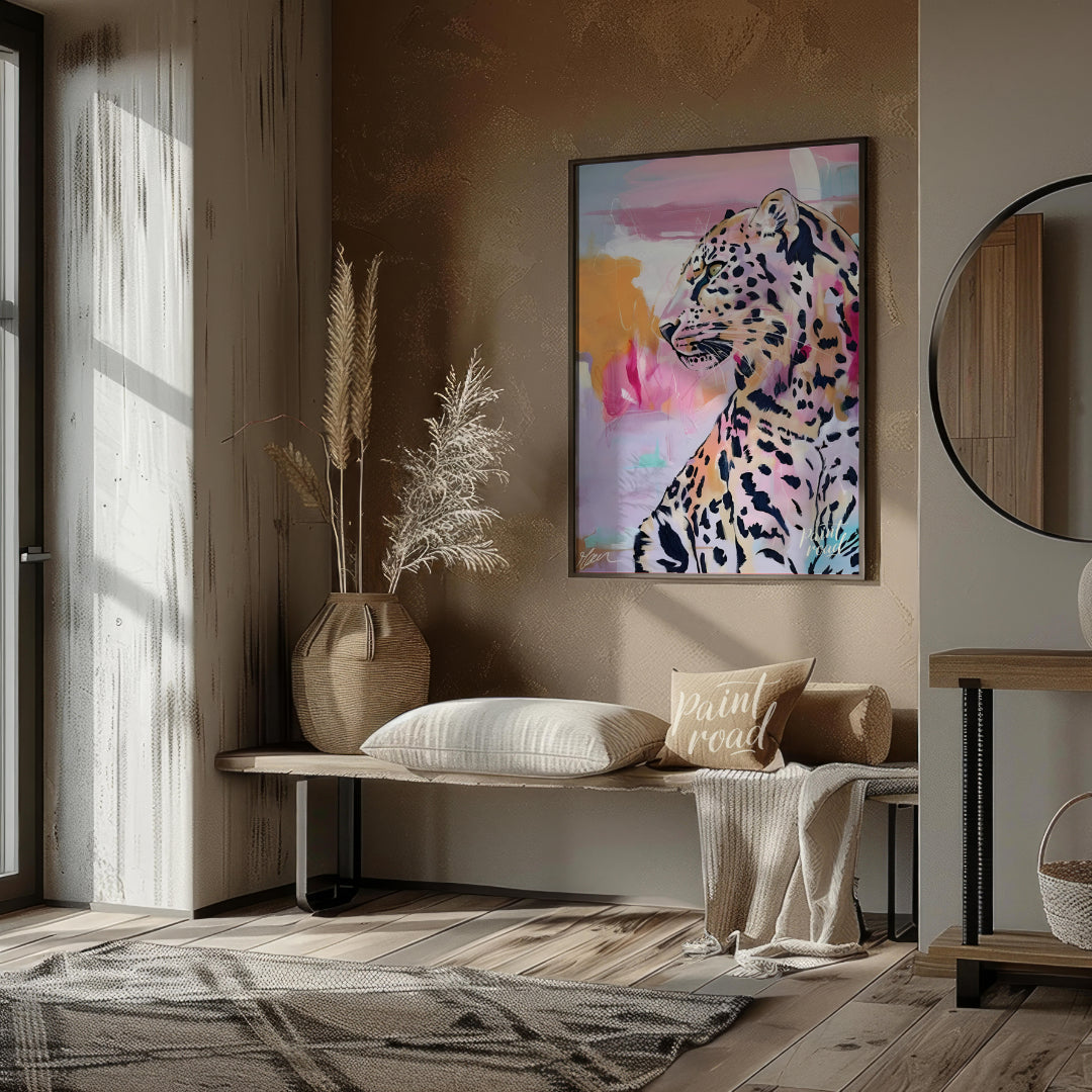 This artwork features a striking leopard portrait rendered in a blend of realism and abstract expre… for living room