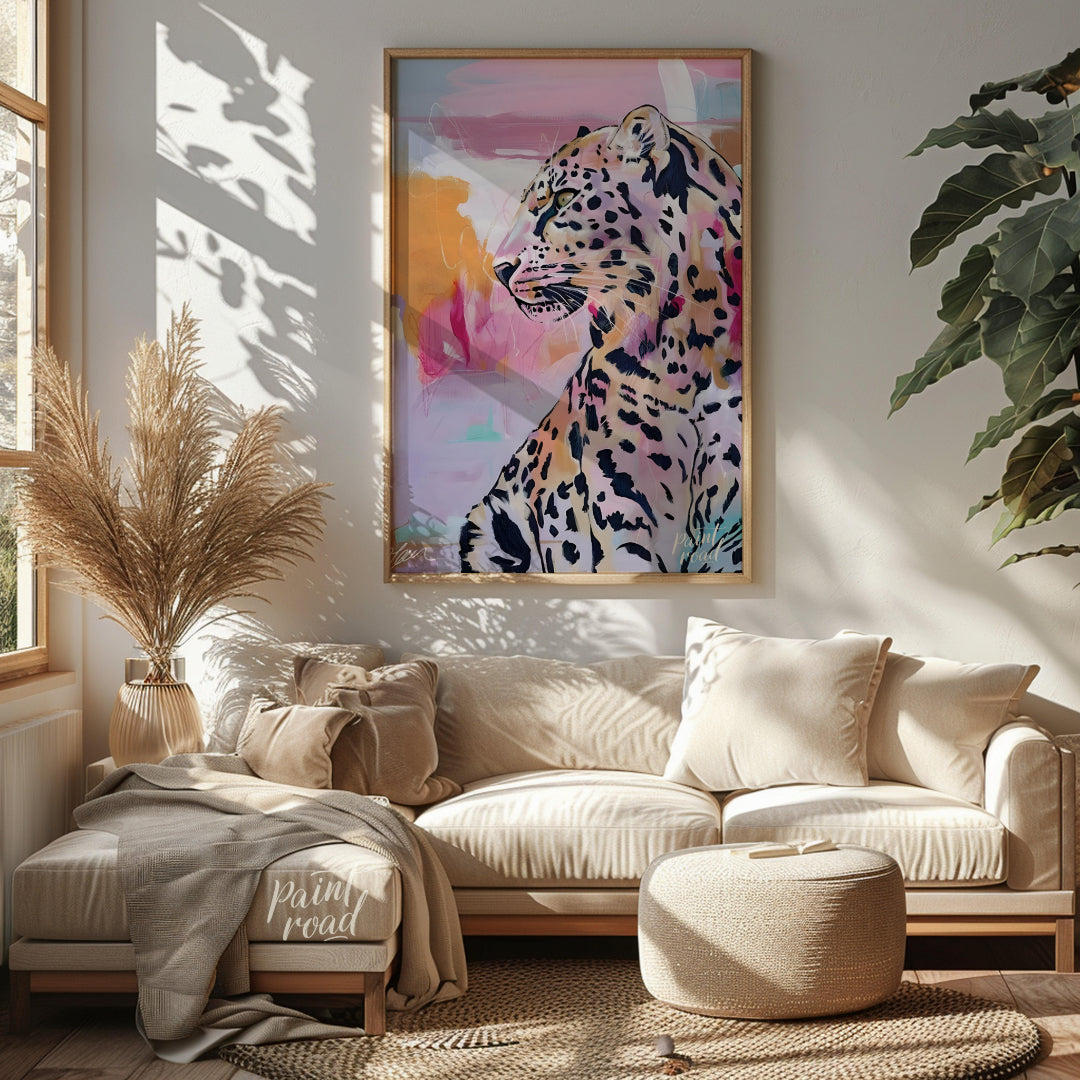 This artwork features a striking leopard portrait rendered in a blend of realism and abstract expre… for living room