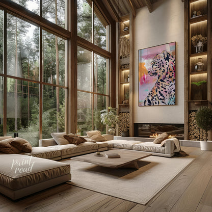 This artwork features a striking leopard portrait rendered in a blend of realism and abstract expre… for living room