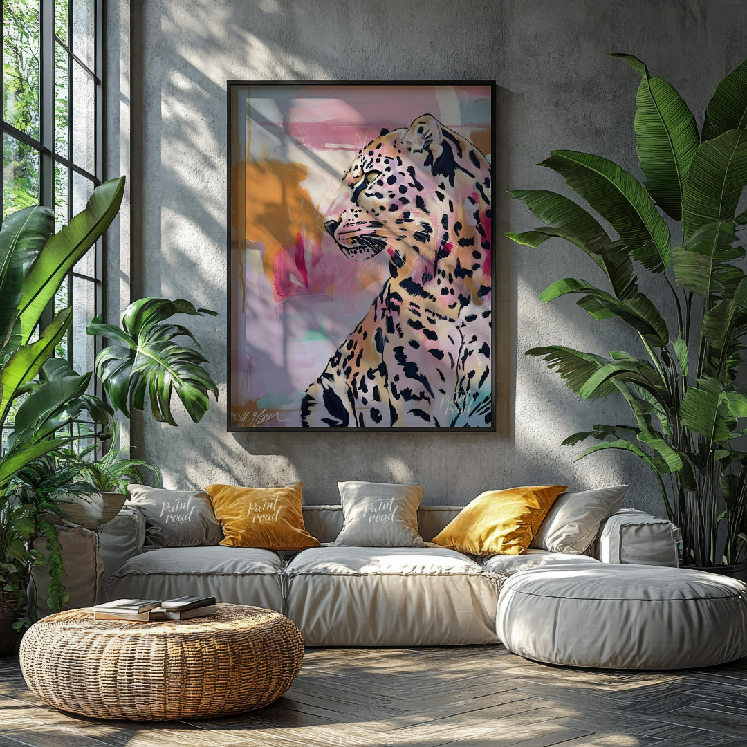 This artwork features a striking leopard portrait rendered in a blend of realism and abstract expre… for living room