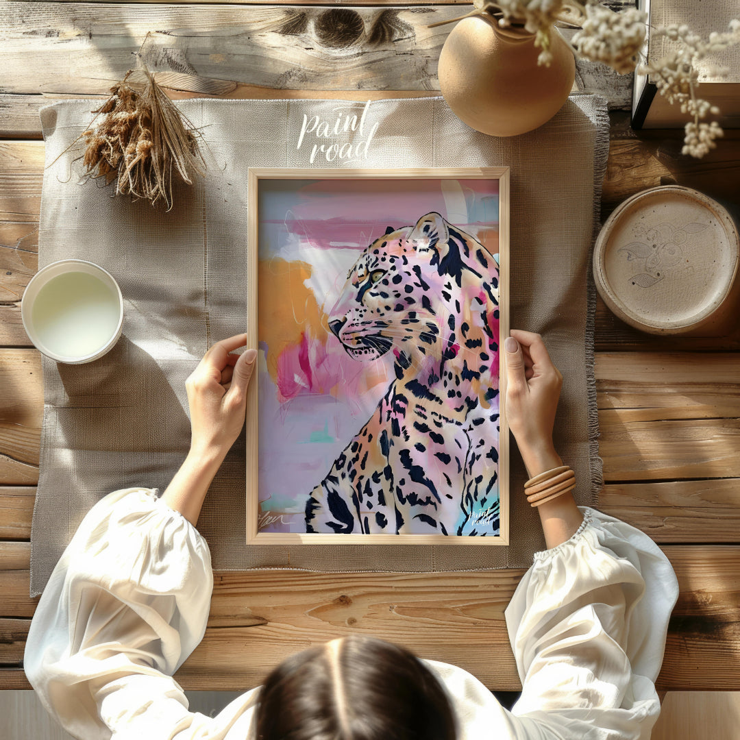 This artwork features a striking leopard portrait rendered in a blend of realism and abstract expre… for other