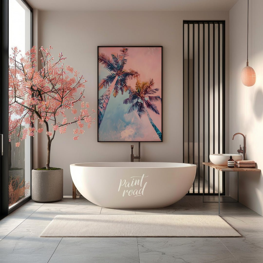 This dreamy image captures two tall palm trees reaching towards a soft, pastel-hued sky. The artist… for bathroom