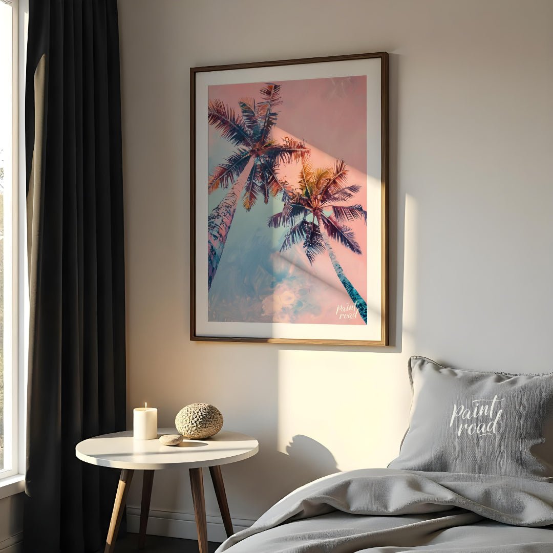 This dreamy image captures two tall palm trees reaching towards a soft, pastel-hued sky. The artist… for bedroom