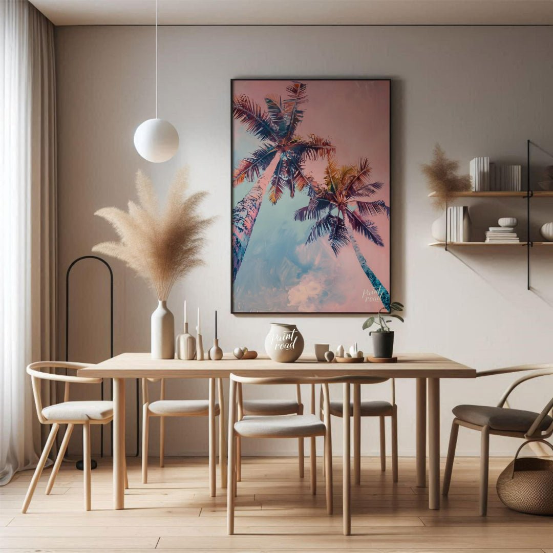 This dreamy image captures two tall palm trees reaching towards a soft, pastel-hued sky. The artist… for dining room