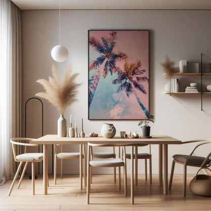 This dreamy image captures two tall palm trees reaching towards a soft, pastel-hued sky. The artist… for dining room