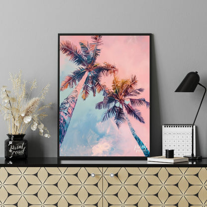 This dreamy image captures two tall palm trees reaching towards a soft, pastel-hued sky. The artist… for living room