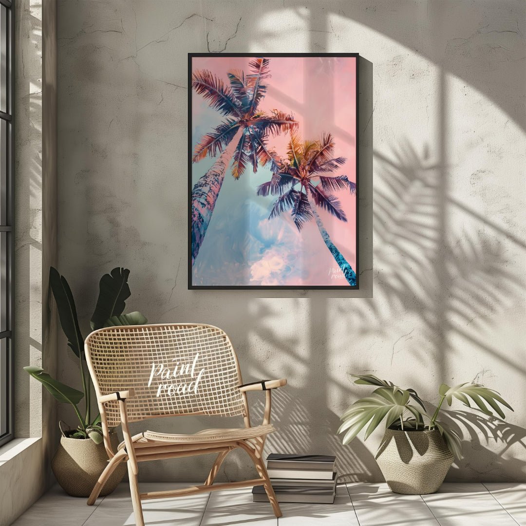 This dreamy image captures two tall palm trees reaching towards a soft, pastel-hued sky. The artist… for living room