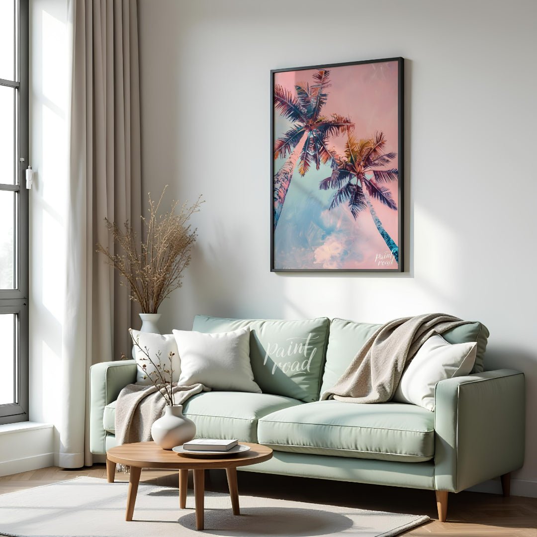 This dreamy image captures two tall palm trees reaching towards a soft, pastel-hued sky. The artist… for living room