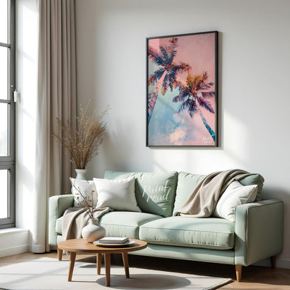 This dreamy image captures two tall palm trees reaching towards a soft, pastel-hued sky. The artist… for living room