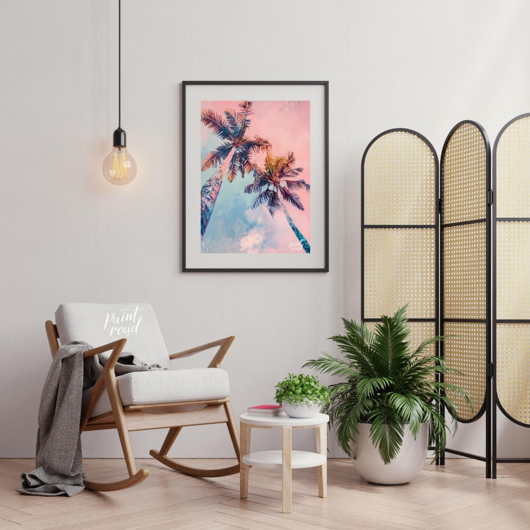 This dreamy image captures two tall palm trees reaching towards a soft, pastel-hued sky. The artist… for living room