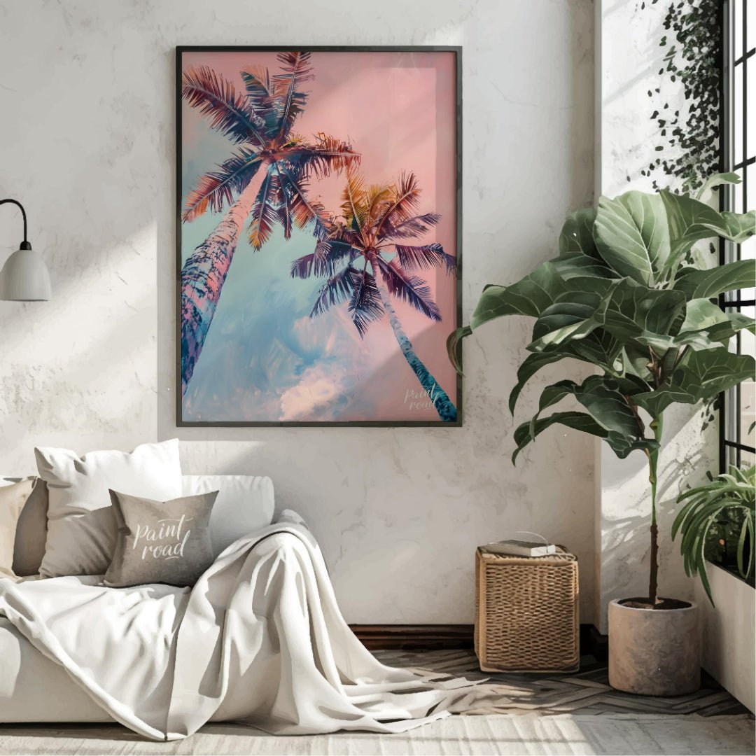 This dreamy image captures two tall palm trees reaching towards a soft, pastel-hued sky. The artist… for living room