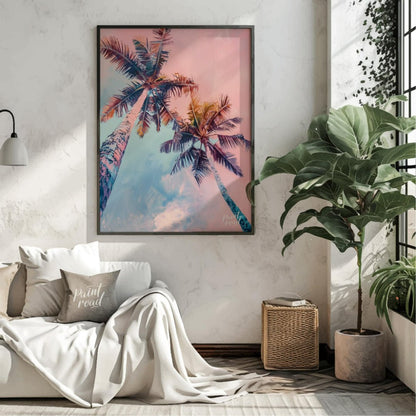 This dreamy image captures two tall palm trees reaching towards a soft, pastel-hued sky. The artist… for living room