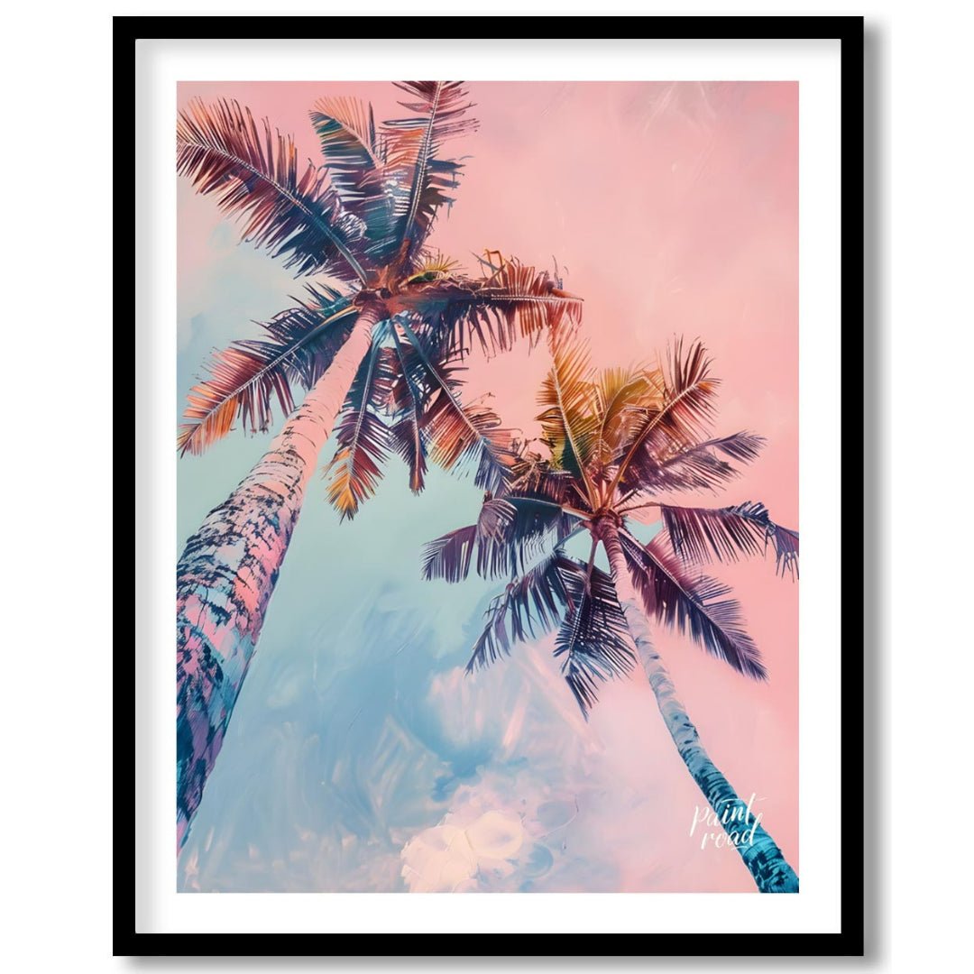 This dreamy image captures two tall palm trees reaching towards a soft, pastel-hued sky. The artist… for lovely house