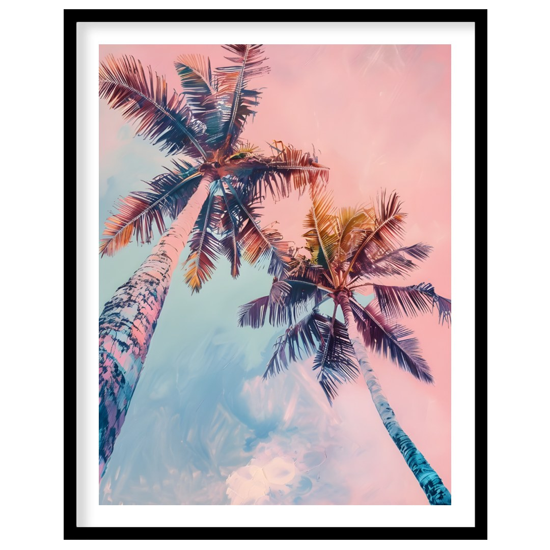 This dreamy image captures two tall palm trees reaching towards a soft, pastel-hued sky. The artist… for lovely house