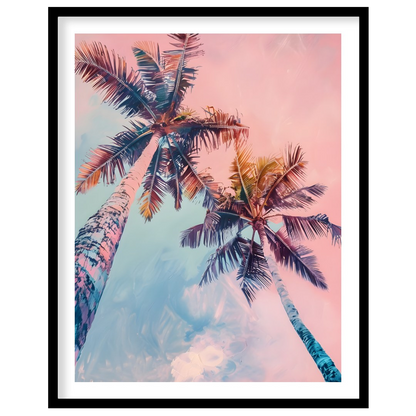 This dreamy image captures two tall palm trees reaching towards a soft, pastel-hued sky. The artist… for lovely house