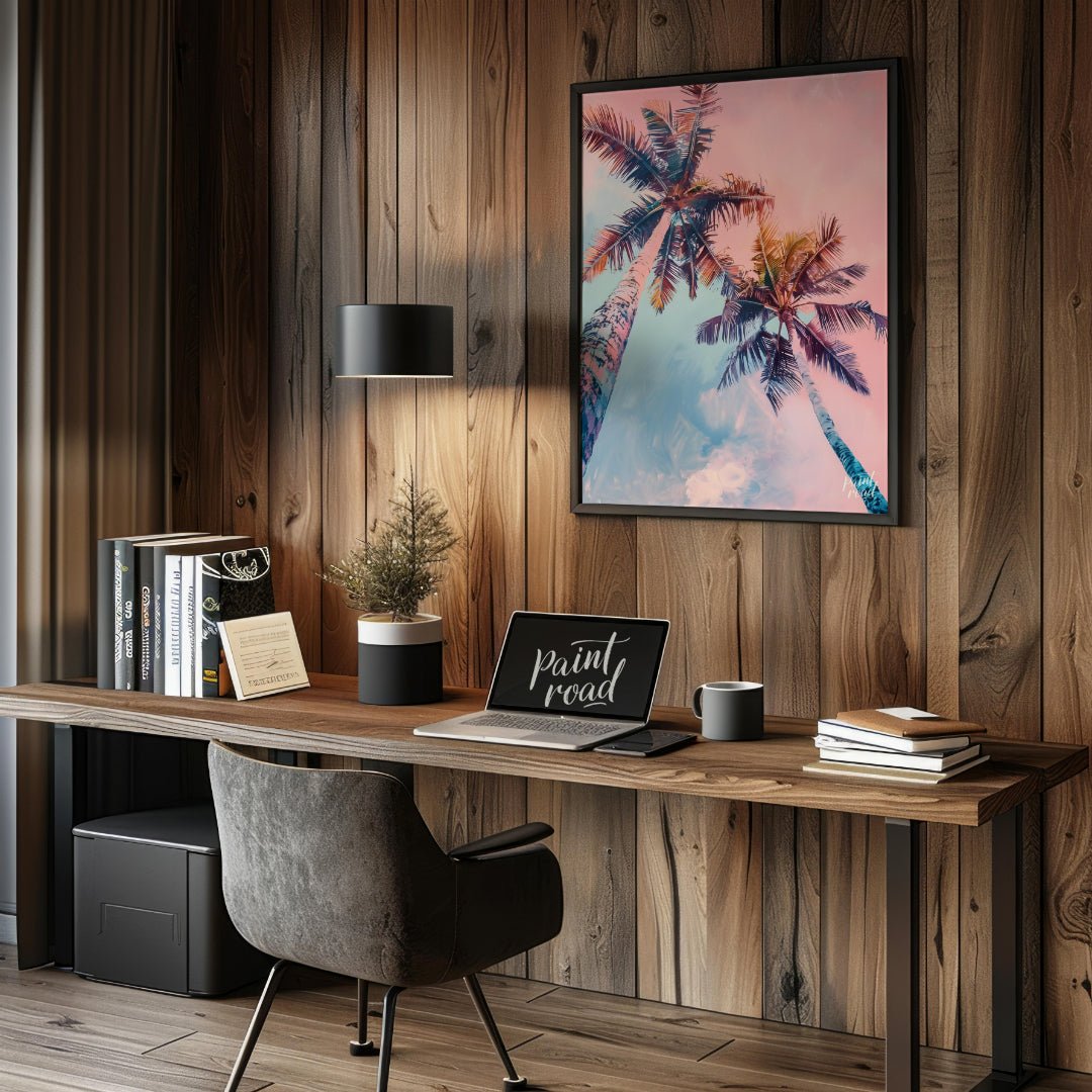 This dreamy image captures two tall palm trees reaching towards a soft, pastel-hued sky. The artist… for office