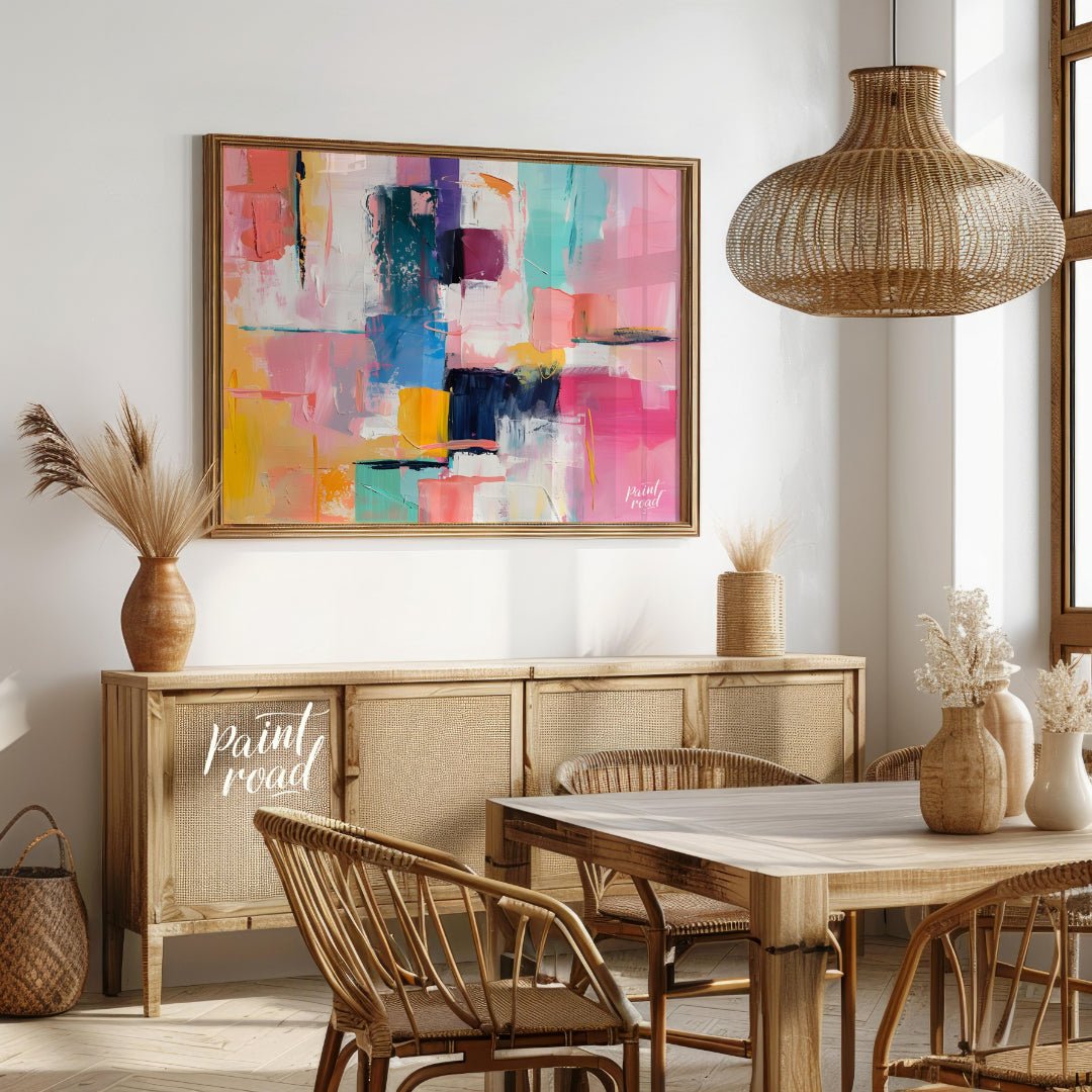 This vibrant art is an abstract painting bursting with soft, playful colors. Swaths of pink, blue, … for dining room