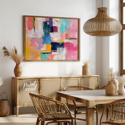 This vibrant art is an abstract painting bursting with soft, playful colors. Swaths of pink, blue, … for dining room