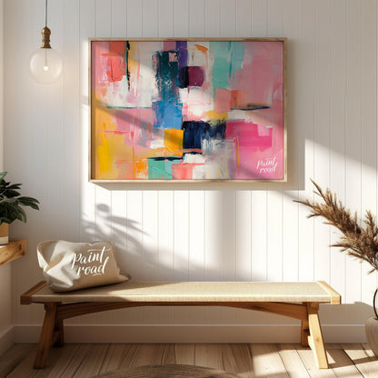 This vibrant art is an abstract painting bursting with soft, playful colors. Swaths of pink, blue, … for entryway