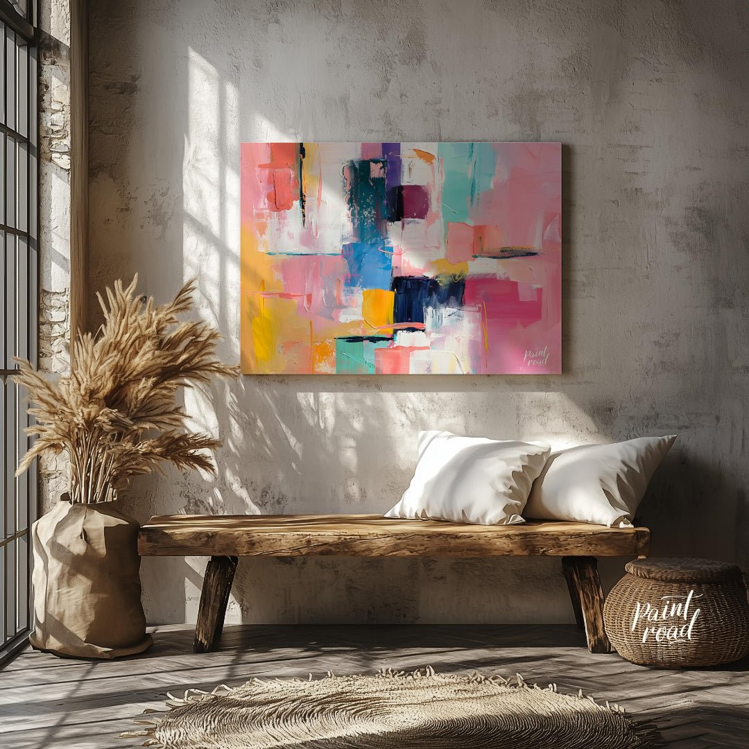 This vibrant art is an abstract painting bursting with soft, playful colors. Swaths of pink, blue, … for entryway