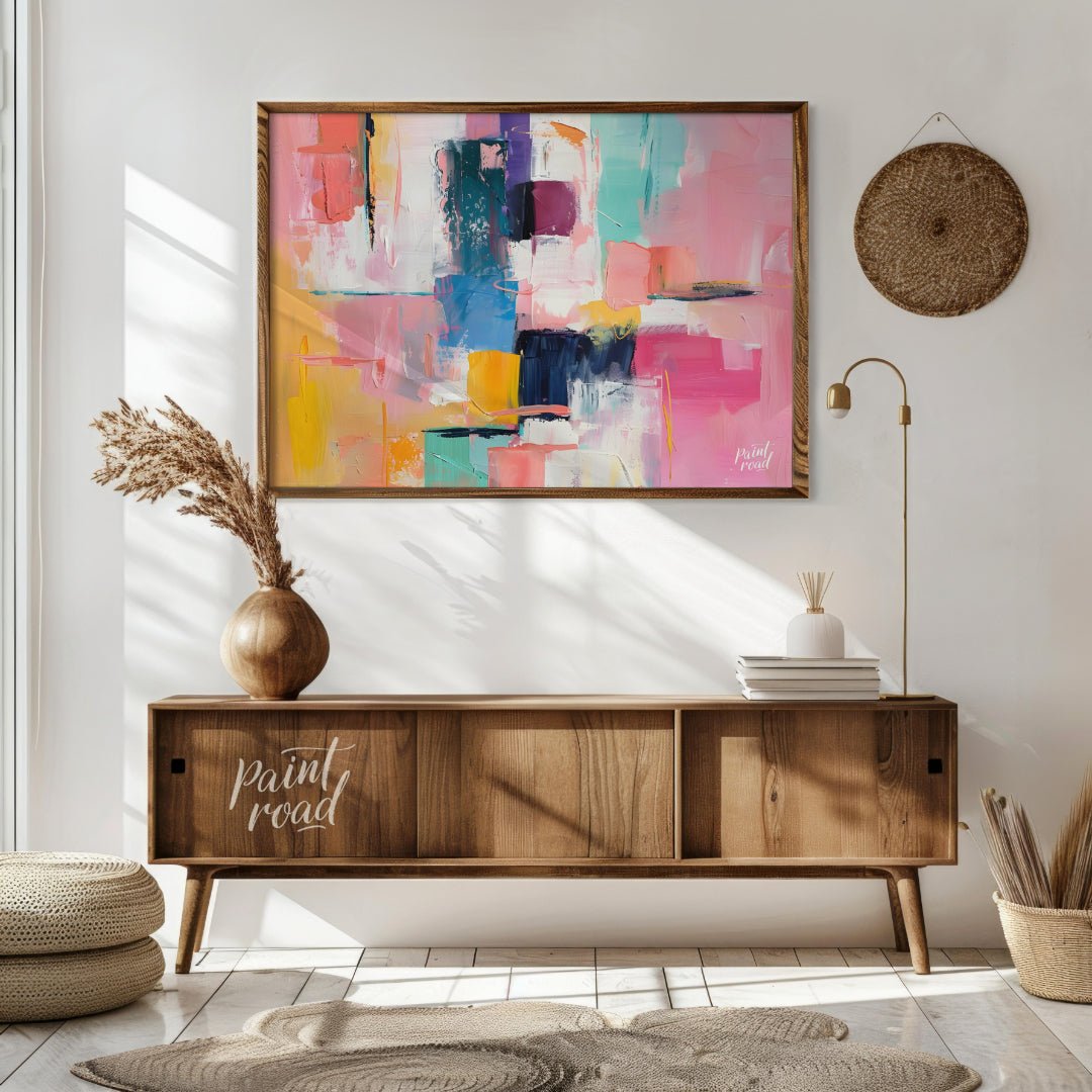 This vibrant art is an abstract painting bursting with soft, playful colors. Swaths of pink, blue, … for living room