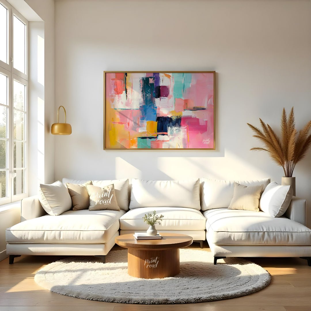 This vibrant art is an abstract painting bursting with soft, playful colors. Swaths of pink, blue, … for living room