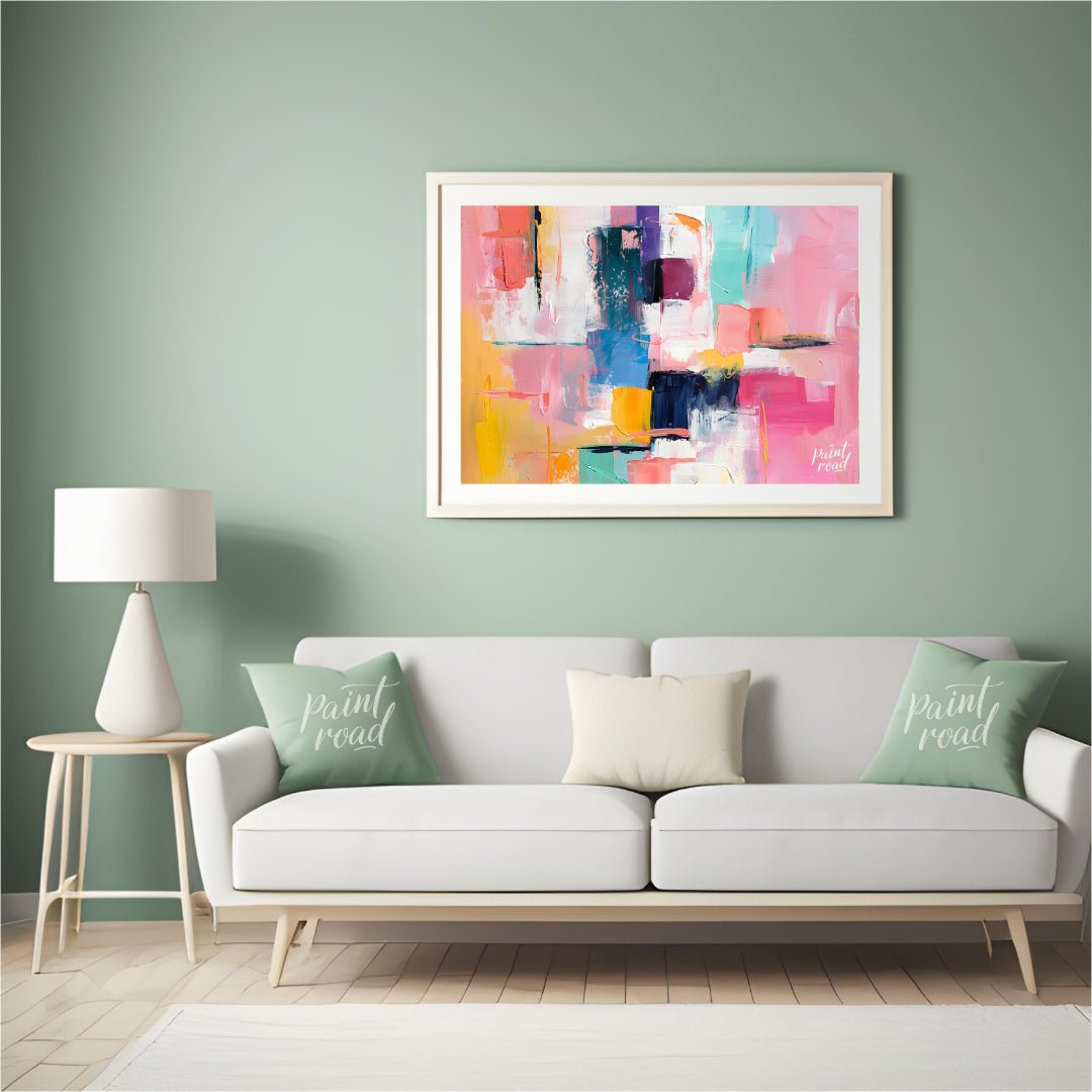 This vibrant art is an abstract painting bursting with soft, playful colors. Swaths of pink, blue, … for living room