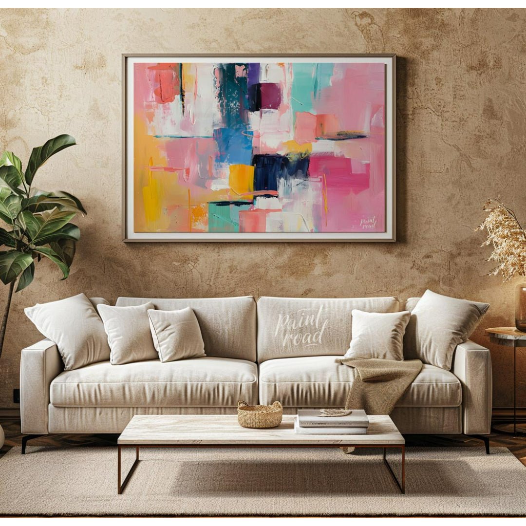 This vibrant art is an abstract painting bursting with soft, playful colors. Swaths of pink, blue, … for living room