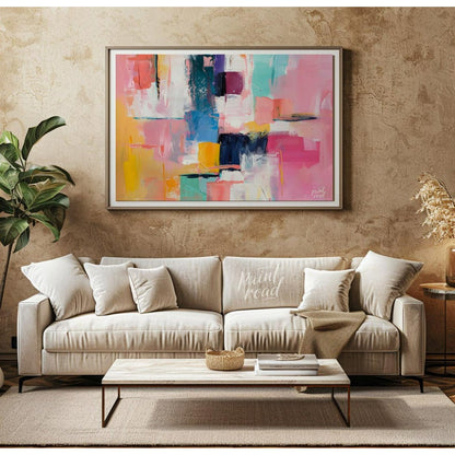 This vibrant art is an abstract painting bursting with soft, playful colors. Swaths of pink, blue, … for living room