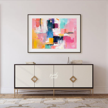 This vibrant art is an abstract painting bursting with soft, playful colors. Swaths of pink, blue, … for living room