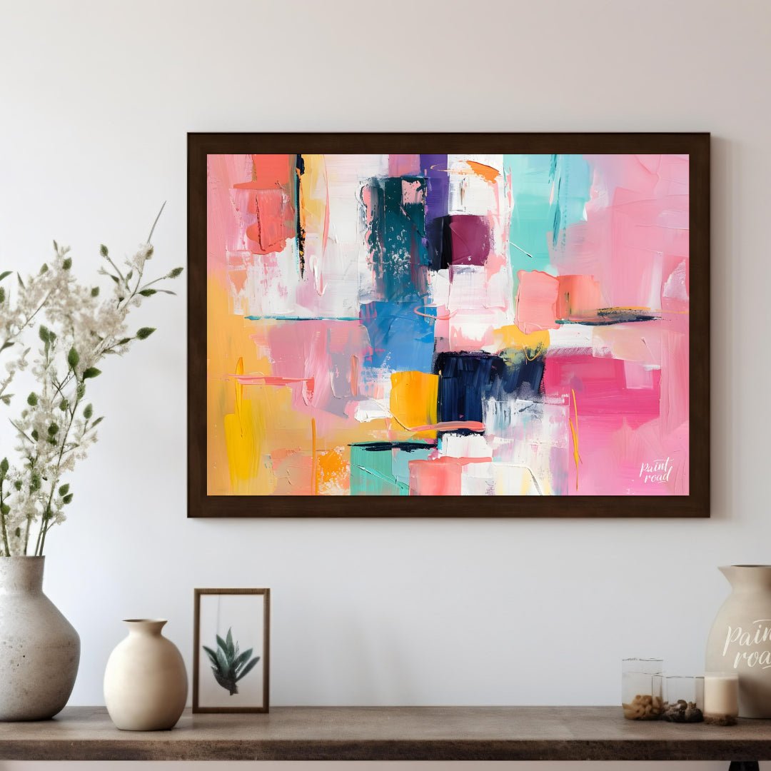 This vibrant art is an abstract painting bursting with soft, playful colors. Swaths of pink, blue, … for other