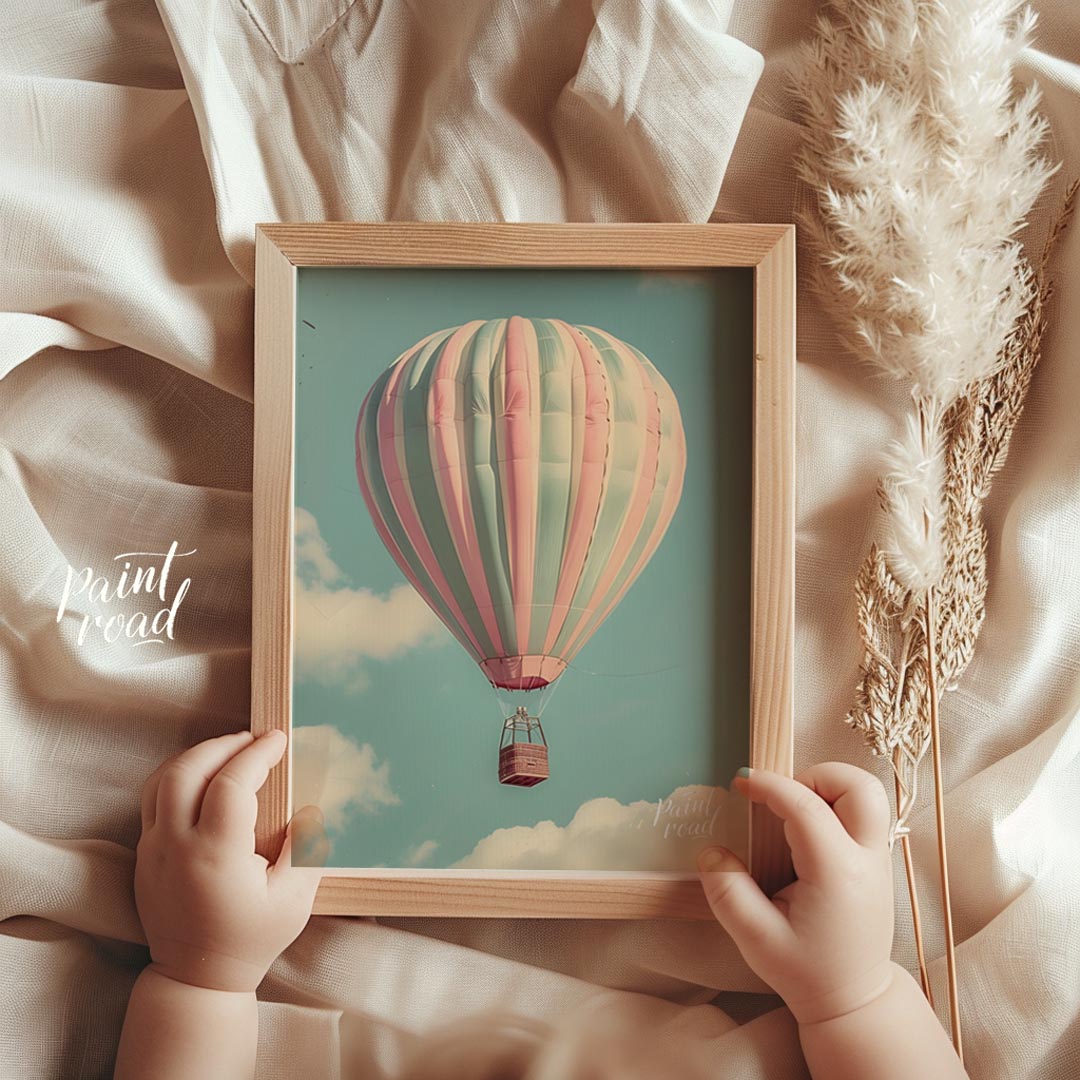 This captivating photograph or digital rendering features a majestic hot air balloon gracefully asc… for nursery