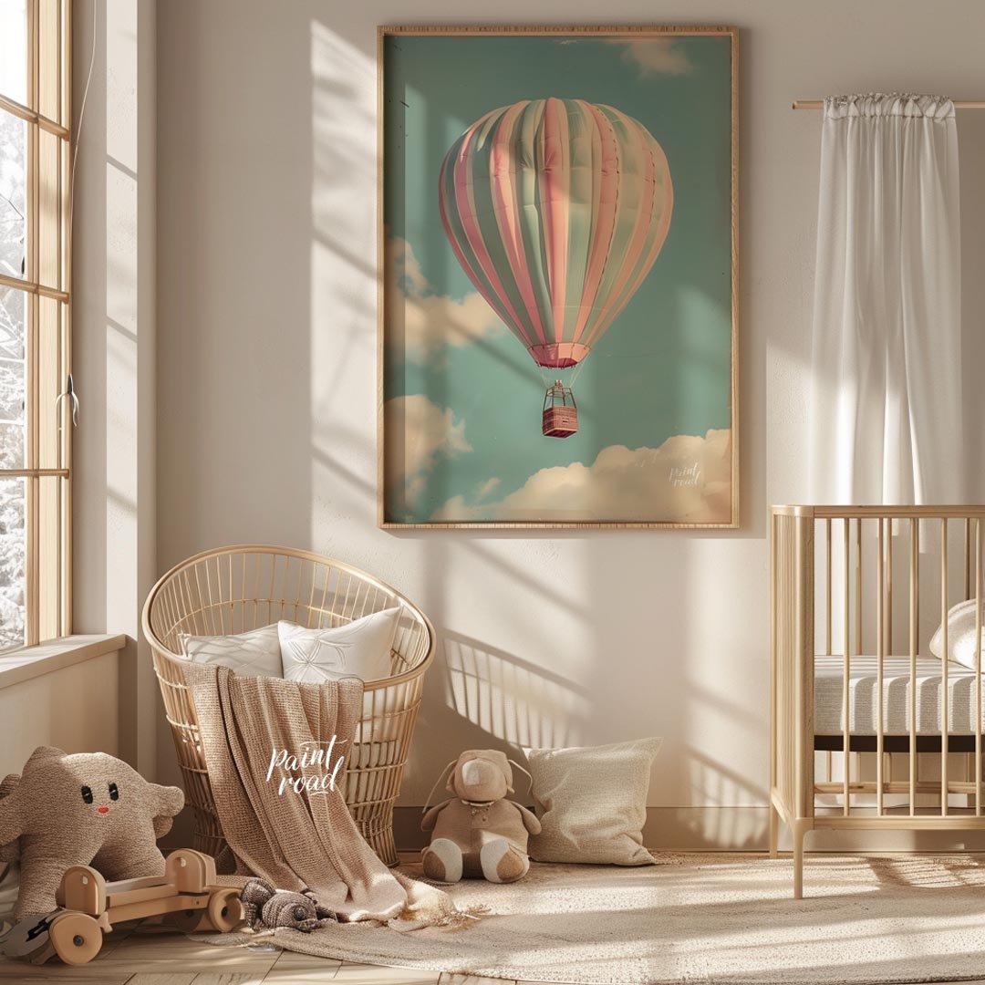This captivating photograph or digital rendering features a majestic hot air balloon gracefully asc… for nursery