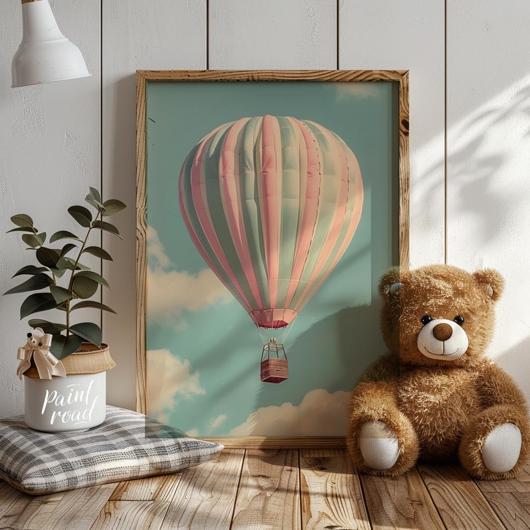This captivating photograph or digital rendering features a majestic hot air balloon gracefully asc… for nursery