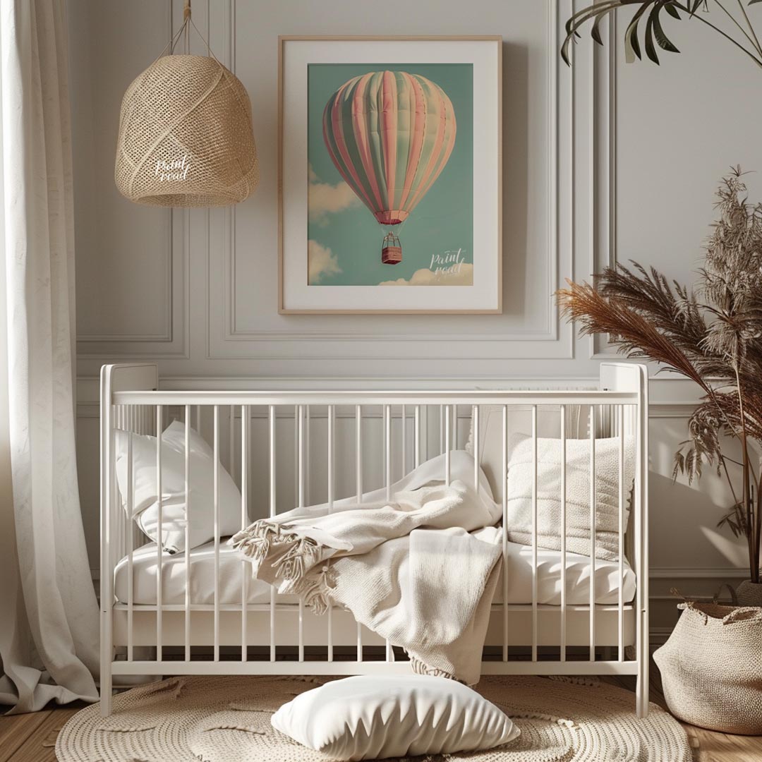 This captivating photograph or digital rendering features a majestic hot air balloon gracefully asc… for nursery