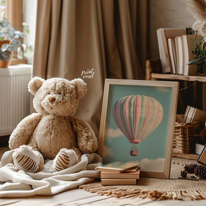 This captivating photograph or digital rendering features a majestic hot air balloon gracefully asc… for nursery
