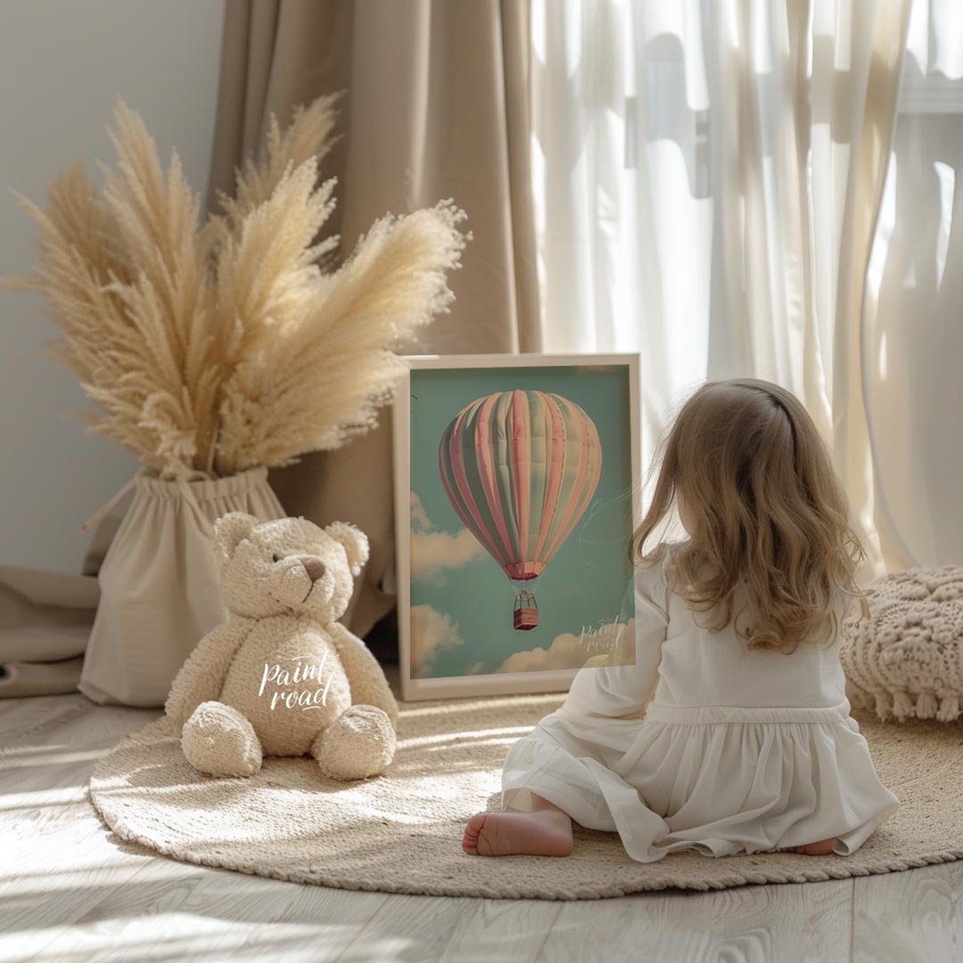 This captivating photograph or digital rendering features a majestic hot air balloon gracefully asc… for nursery