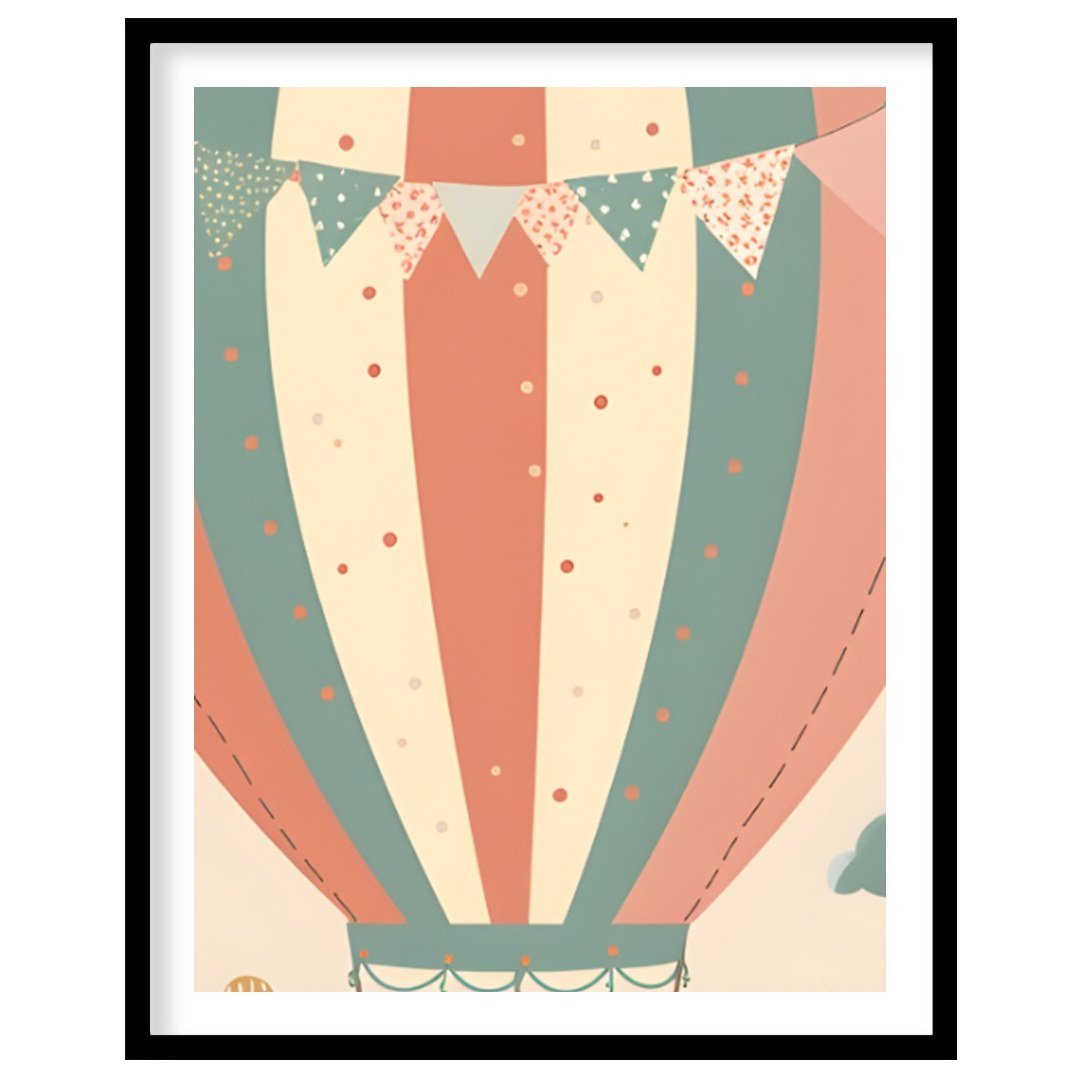 This enchanting watercolor illustration showcases a soft-striped hot air balloon floating peacefull… for house
