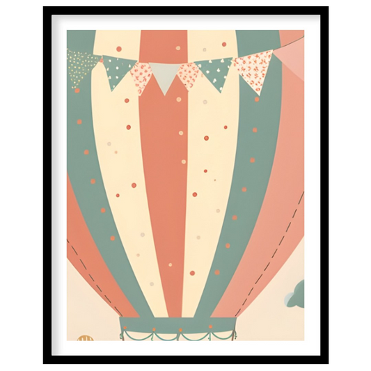 This enchanting watercolor illustration showcases a soft-striped hot air balloon floating peacefull… for house