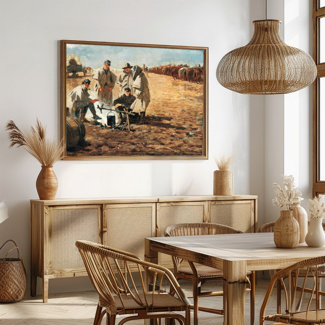 Step into a historical scene with this evocative landscape painting depicting a rustic campsite. for Dining