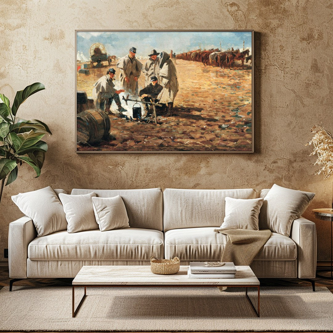 Step into a historical scene with this evocative landscape painting depicting a rustic campsite. for Family Room