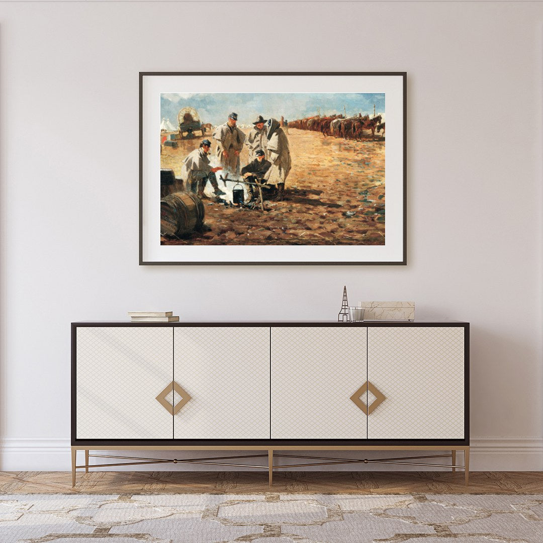 Step into a historical scene with this evocative landscape painting depicting a rustic campsite. for Foyer