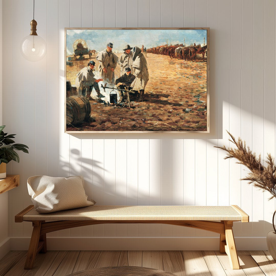 Step into a historical scene with this evocative landscape painting depicting a rustic campsite. for Hallway