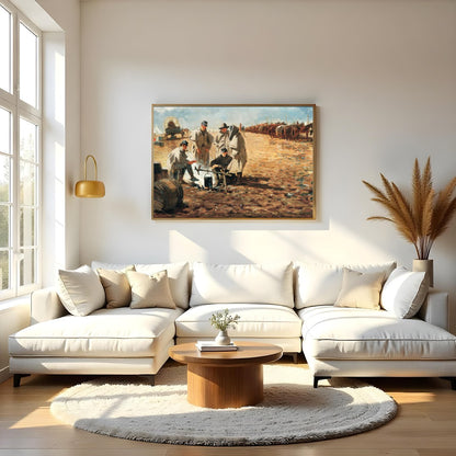 Step into a historical scene with this evocative landscape painting depicting a rustic campsite. for Living Room